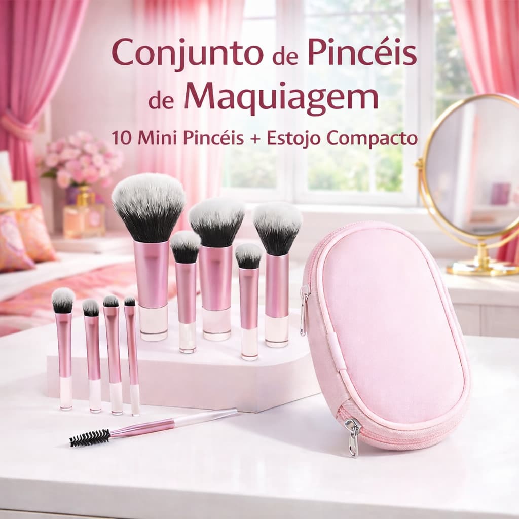 Conjunto Pinceis Maquiagem 10 Mini Pinceis Estojo Compacto Profissional Macio Beleza Viagem
