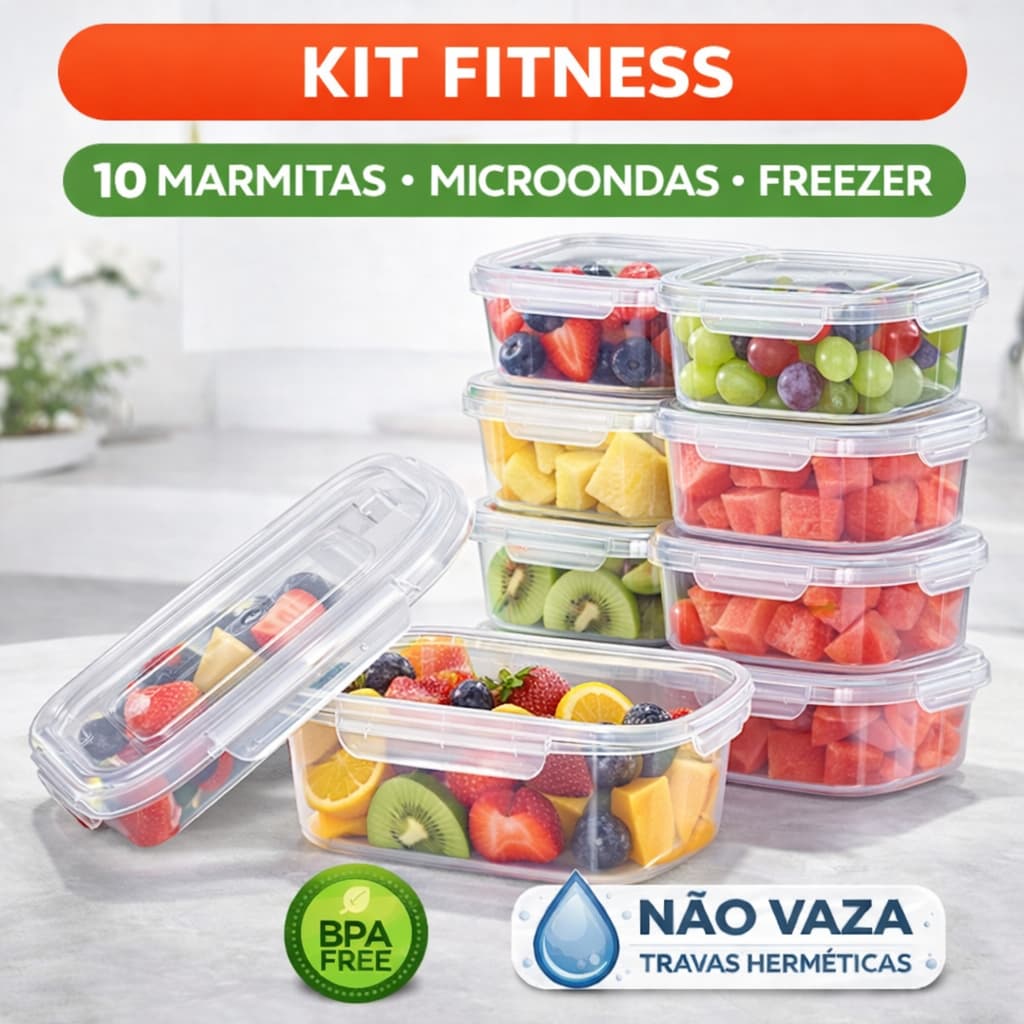 Kit Marmitas Fitness 800ml BPA Free | Potes Herméticos com Travas | Freezer Microondas