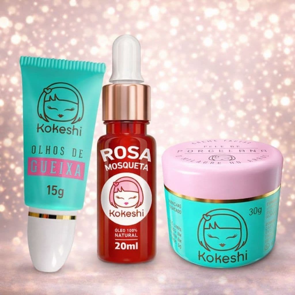 Kit Mágico Hidratação Facial Kokehi - 1 Porcenala 30 gr+ 1 Gueixa  15 gr  + 1 òleo de Rosa Mosqueta 20 ml
