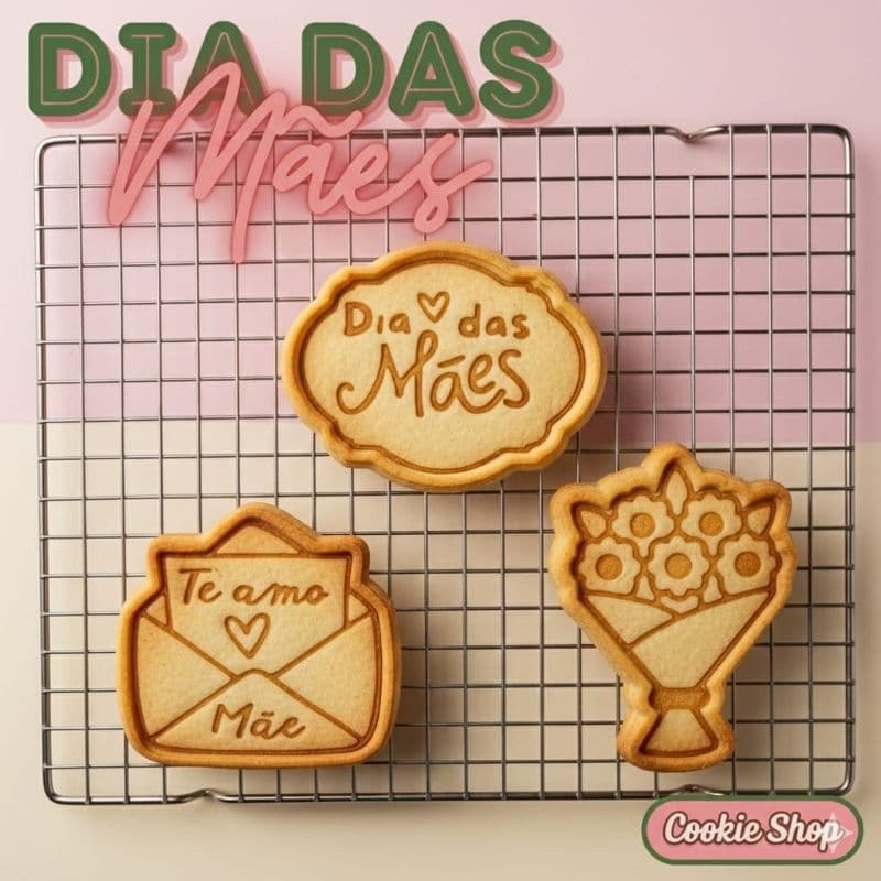 kit 3 Cortador + 3 Carimbo de Biscoito, Massas e Pasta Americana tema Dia das Mães