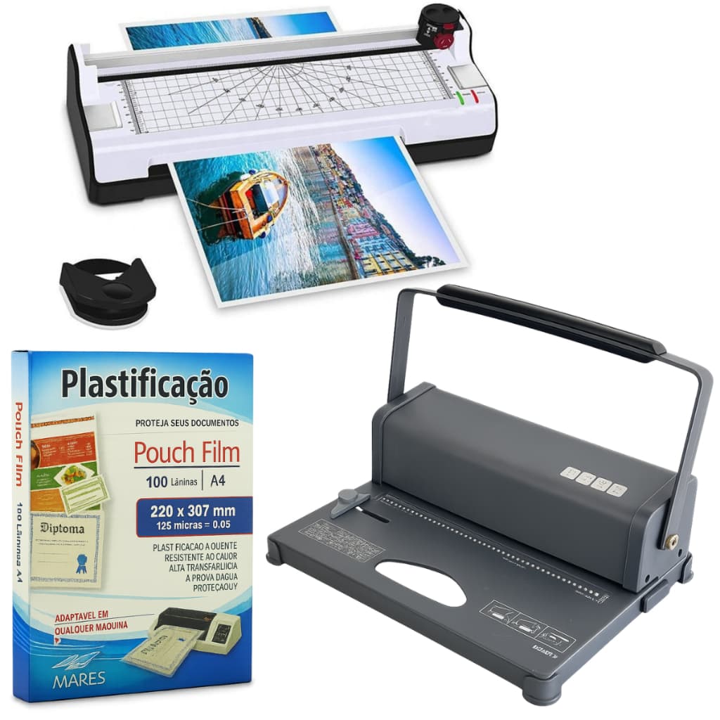 Kit Plastificadora + Encadernadora + 100 Plásticos Polaseal