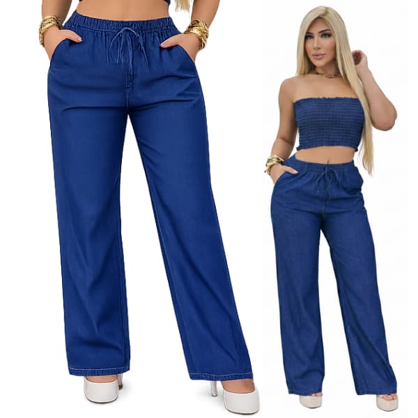 Calça Jeans Feminina Pantalona Wide Leg Cintura Alta Elastico na Cintura Cordão Tecido Leve