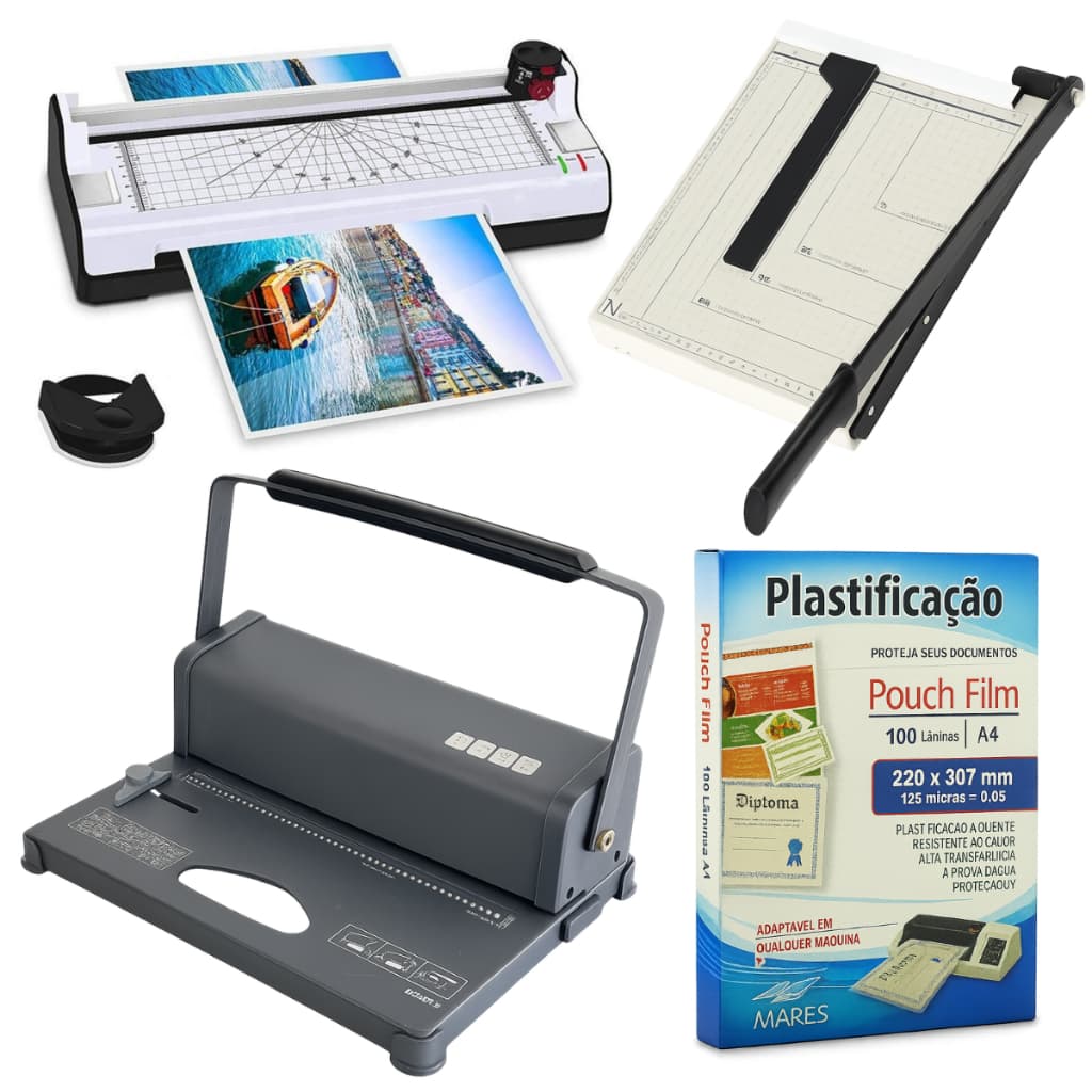 Kit Plastificadora + Encadernadora + Polaseal + Guilhotina