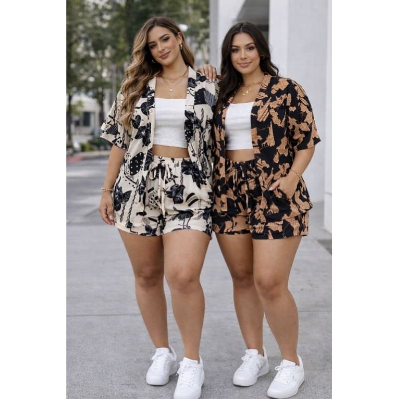 kit 2 Conjunto kimono + Short  Com Bolso Tecido Duna Estampado Verão 2025  Praia