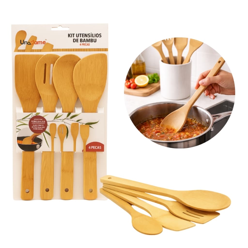 Kit Utensílios de Cozinha em Bambu 4 Peças Colher Espátula Kit de Cozinhar