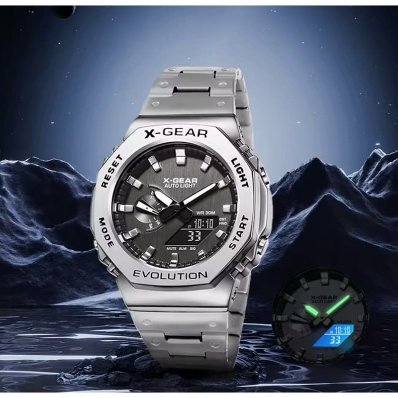 Relógio Masculino X-GEAR Aço Inoxidável Prova D'Água Esportivo Digital Analógico LED Cronômetro