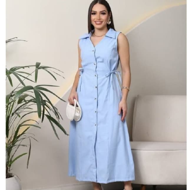 Vestido Longo Feminino com Botões e Faixa na Cintura - Sem Manga