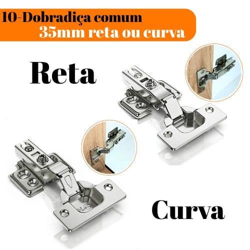 10 Dobradiça Pressão 35mm e 26mm Reta e Curva Para Porta Armário Guarda Roupa Móveis