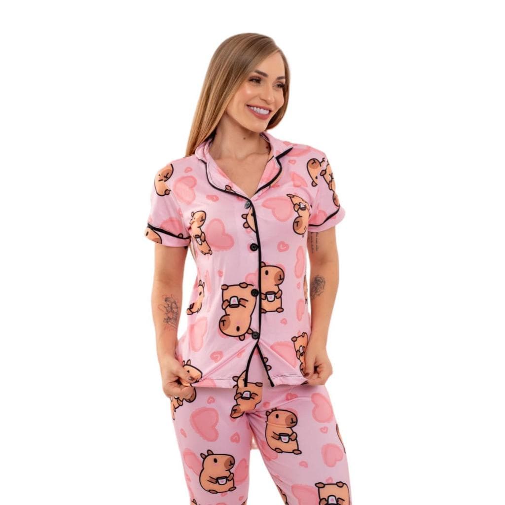 Pijama Americano Feminino Suede Luxo Conforto Botões Amamentação LF065