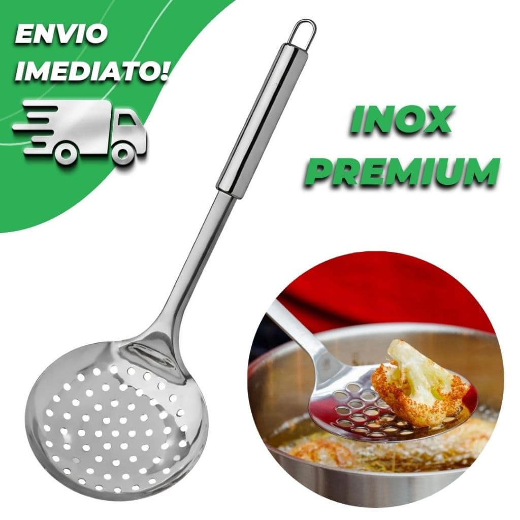 Escumadeira Inox Fritura Batata Pastel Durável Resistente Cozinha Profissional Praticidade Metal Aço