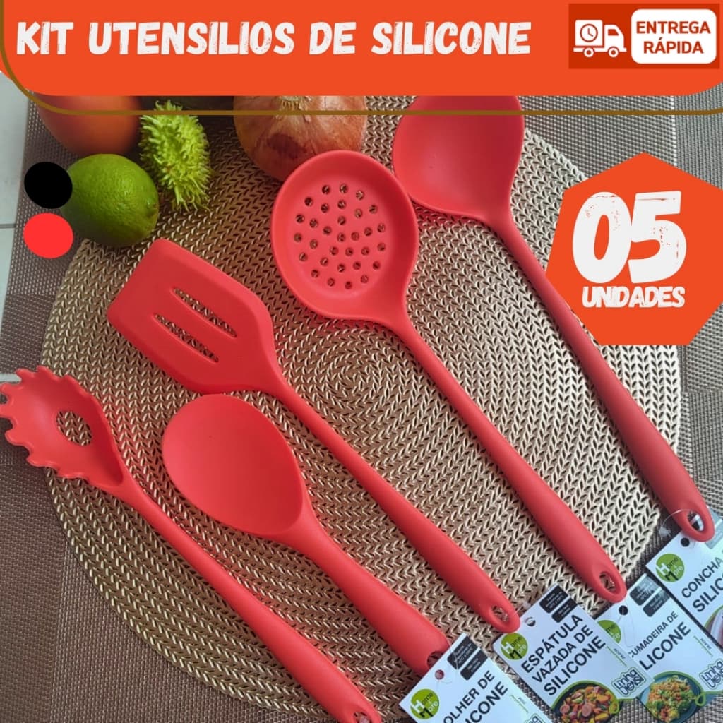 Kit Utensilios Silicone Colher Escumadeira Espátula Vazada Colher Servir Pegador Massas Concha Feijão