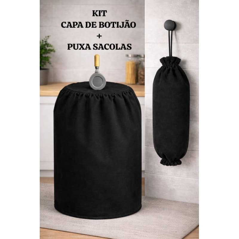 Kit Capa de Botijão + Puxa Sacolas Cor preta em tecido reforçado
