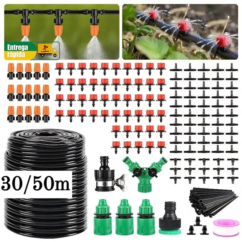 Kit Irrigação Nebulização Completo 149/200 Peças, Tubo 30/50m, Irrigação Automática Ajustável