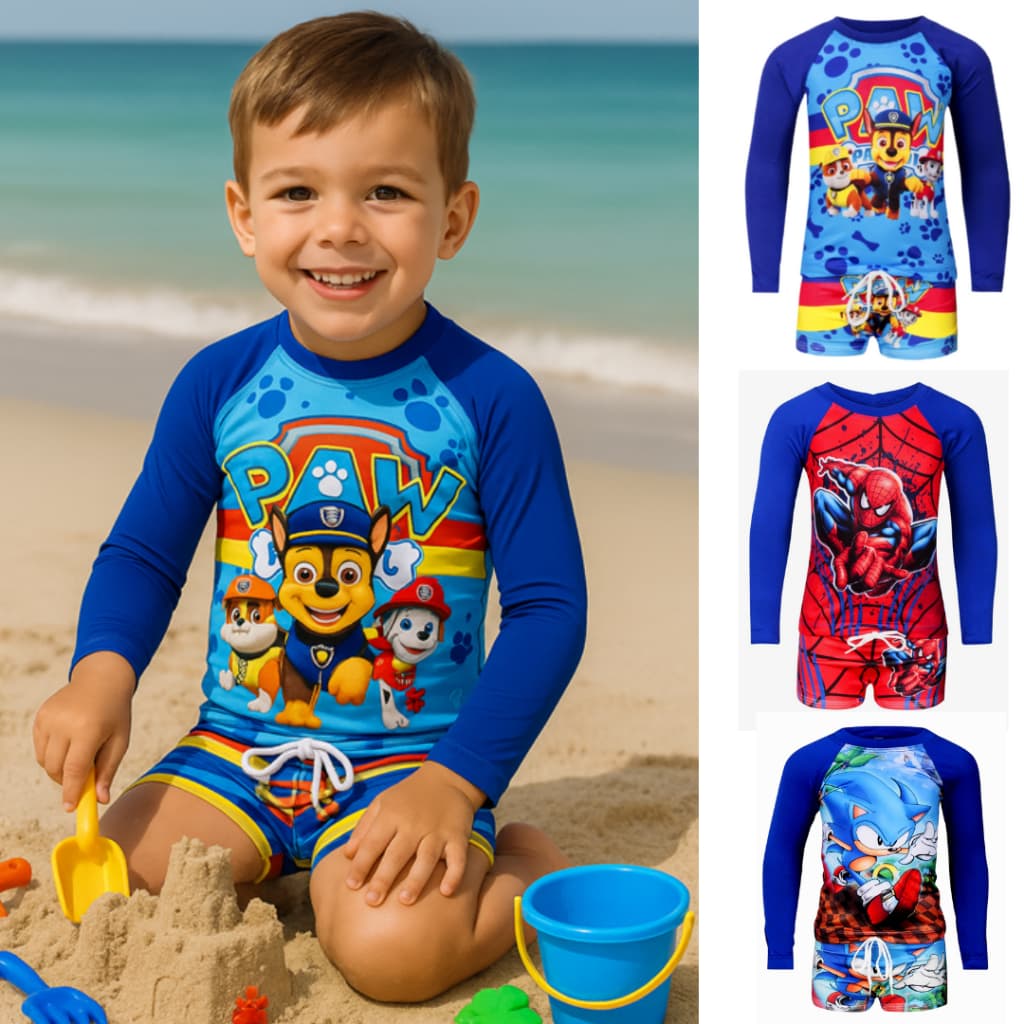 Camiseta UV Infantil Masculino Conjunto Praia Criança Kit De Banho Com Proteção Solar