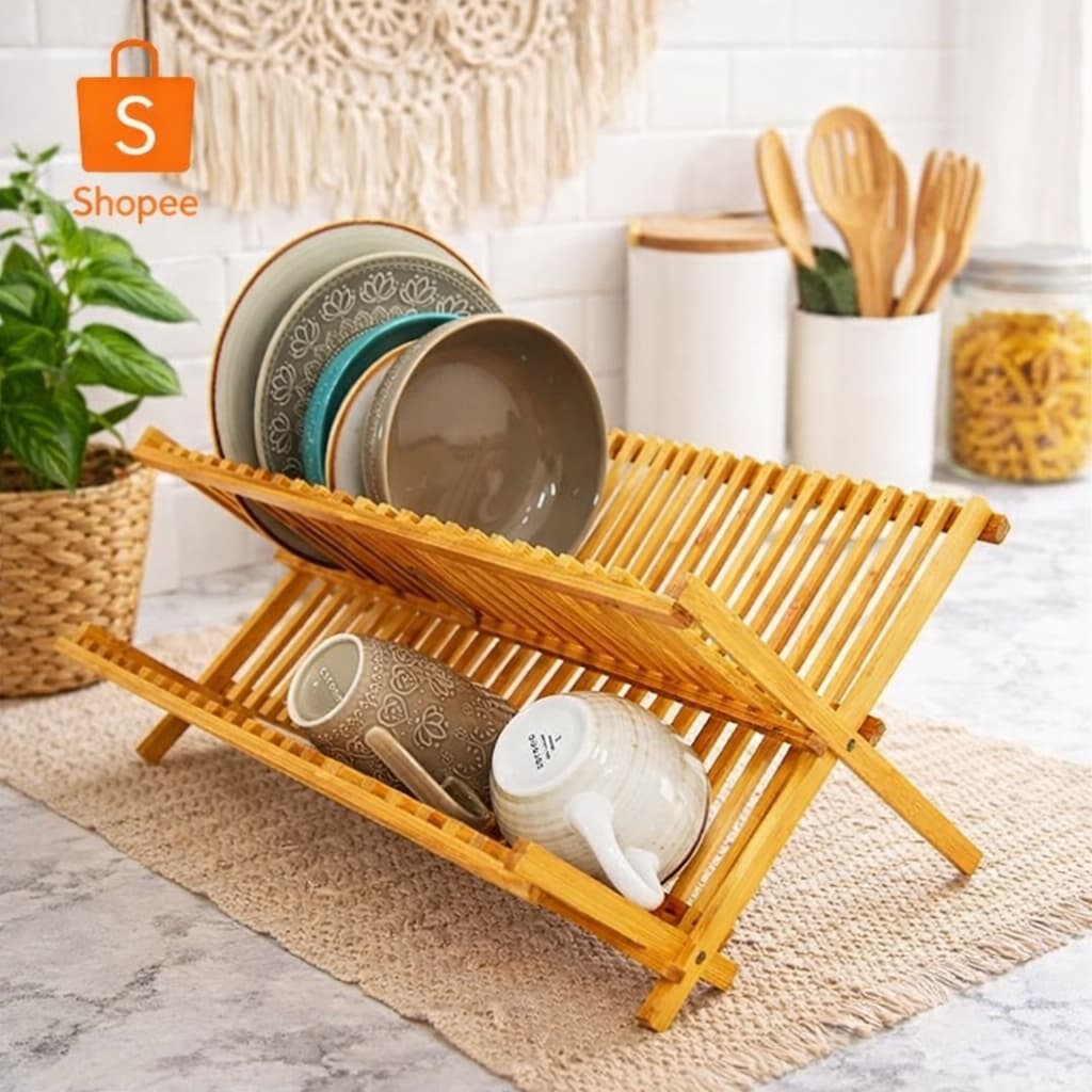 🔥 Escorredor De Pratos Em Bambu Dobrável Ecológico Cozinha Luxo