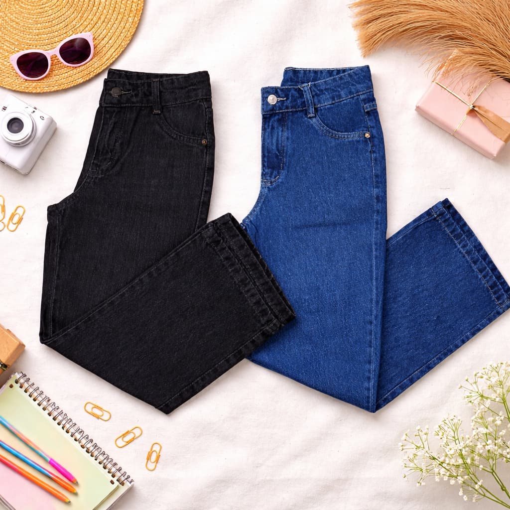 kit 02 calças jeans meninas juvenil boca larga pantalona wede leg escola casual premium