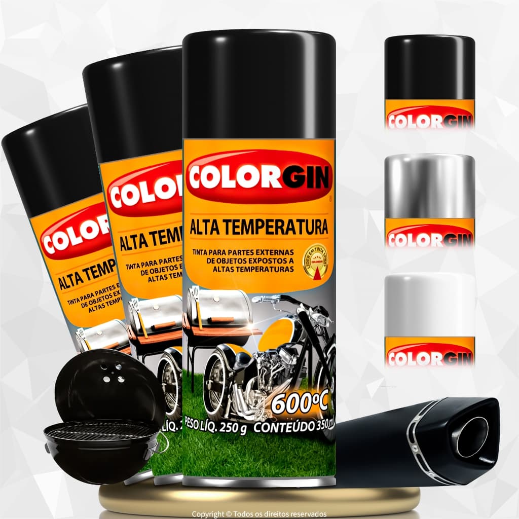Kit Tinta Spray Colorgin Alta Temperatura 600ºC Jet Preto, Alumínio, Br - Fogão, Moto, Escapamento..