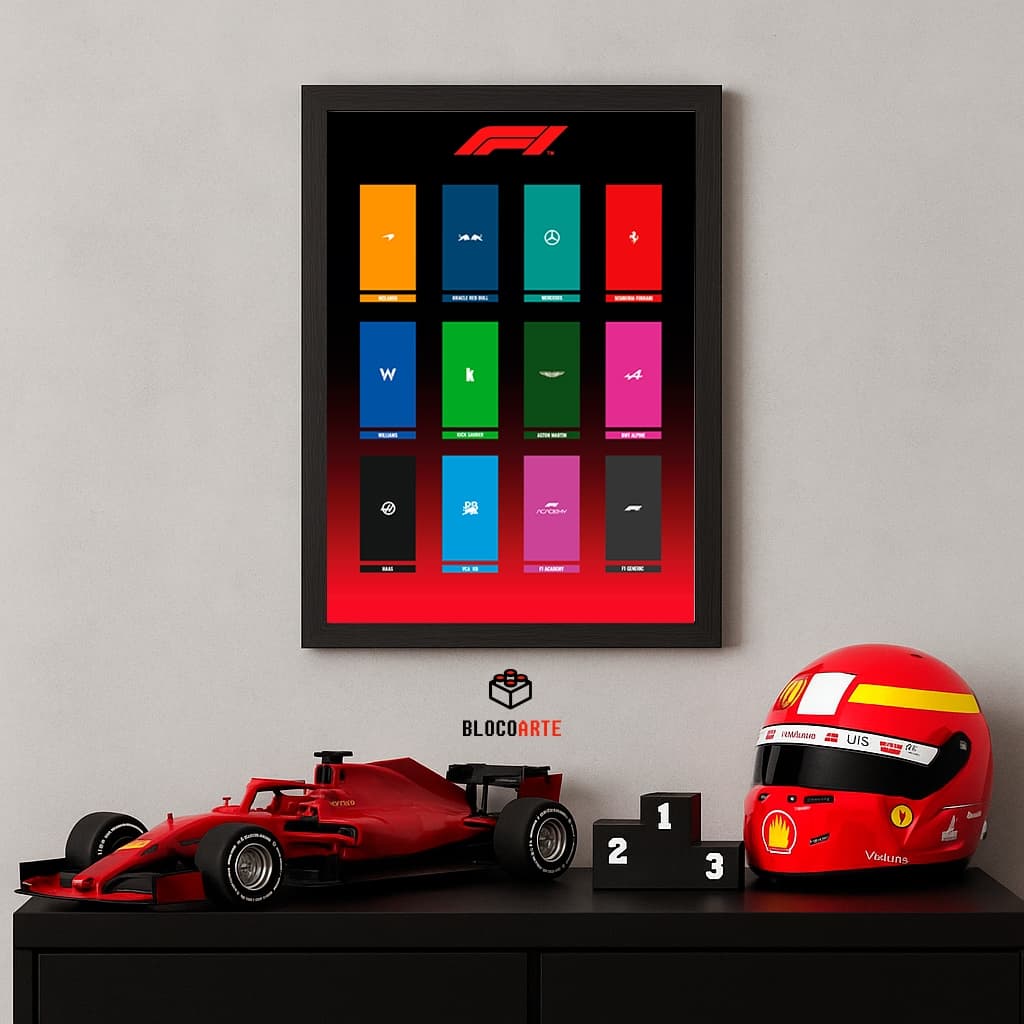 Quadro Expositor para Minifigures F1 Lego - A3 (30x42cm) Com suportes em 3D