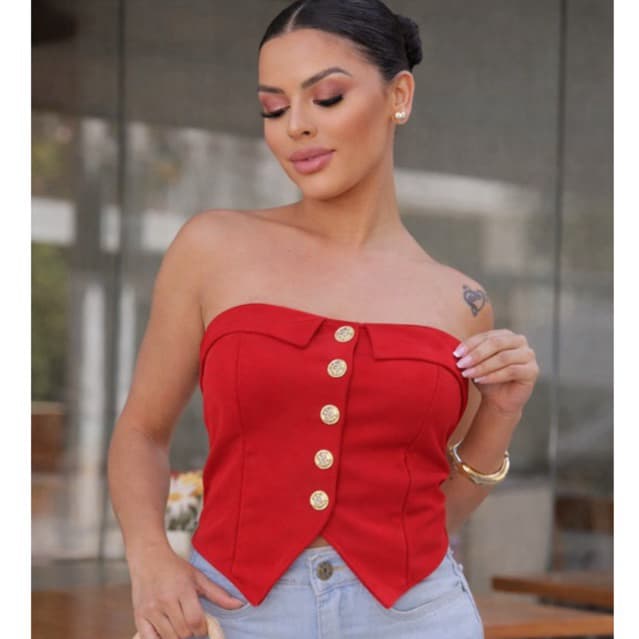 Cropped Feminino Elegante Estruturado Tomara Que Caia com Botões – Tendência 2026