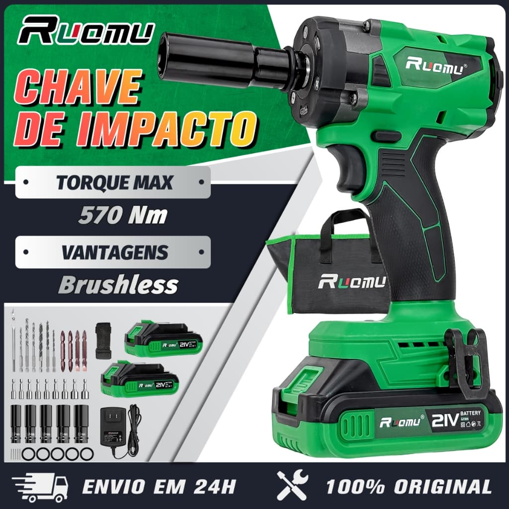 Chave De Impacto Potente Brushless Parafusadeira Furadeira Sem Fio 2 Baterias