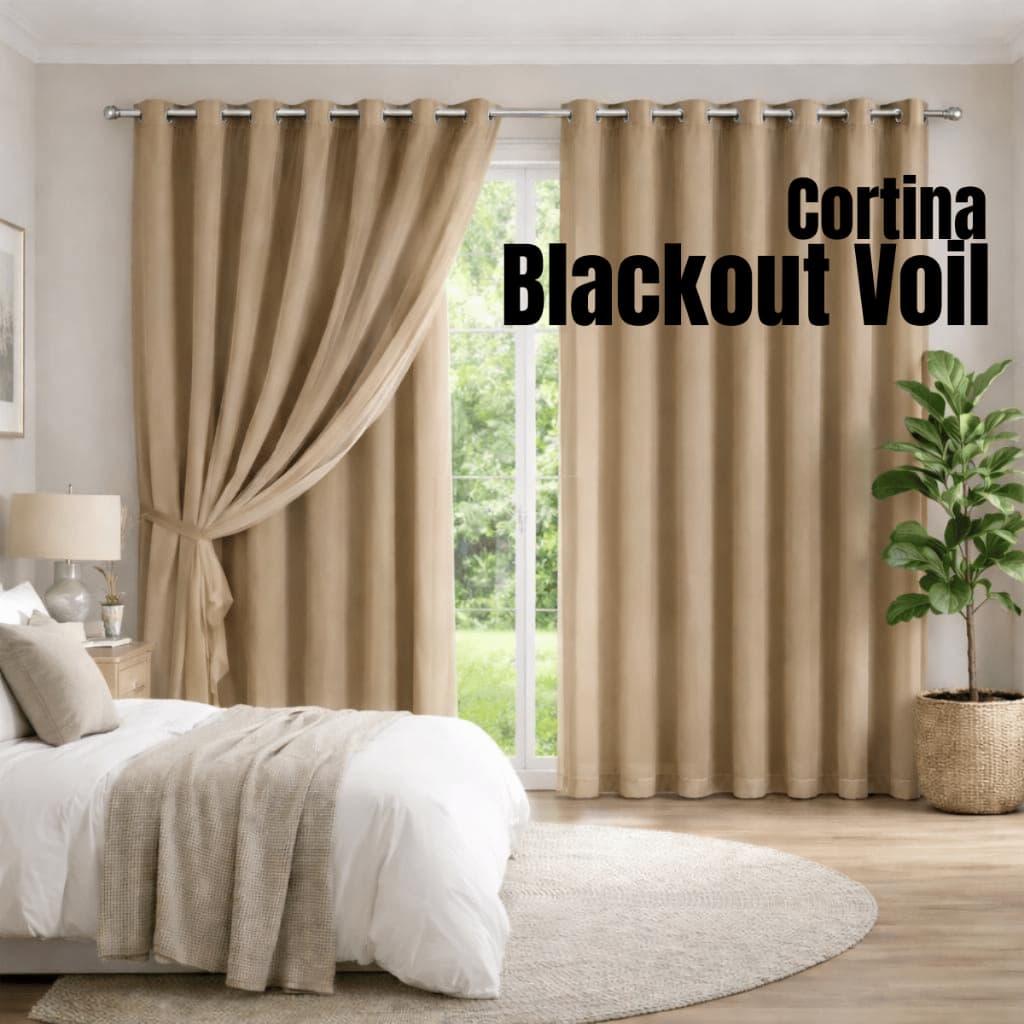 Cortina Blackout Com Voil 4,00x2,70 Ilhós – Moderna, Elegante, Bloqueio de Luz Total