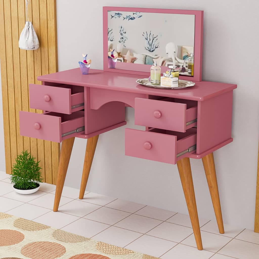 Penteadeira Rosa Retro para Criança 4 Gavetas Espaçosas Para Maquiagem e Acessórios