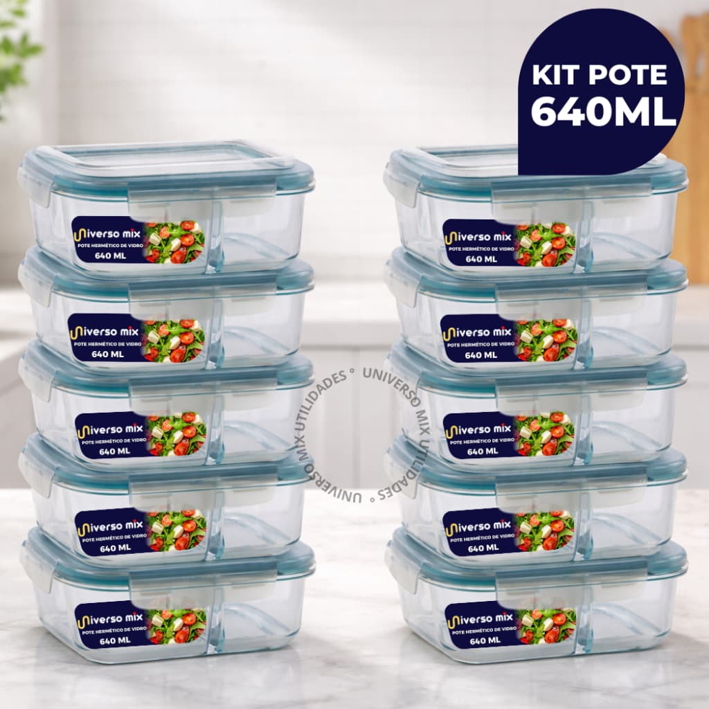 Kit 10 ou 5 Potes Vidro Herméticos 640ml Retangular Com Divisória Premium