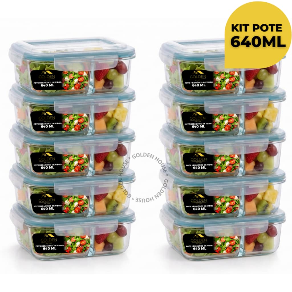 Kit 10 ou 5 Potes Herméticos 640ml Com Divisória Retangular Marmita Alimentos Fitness
