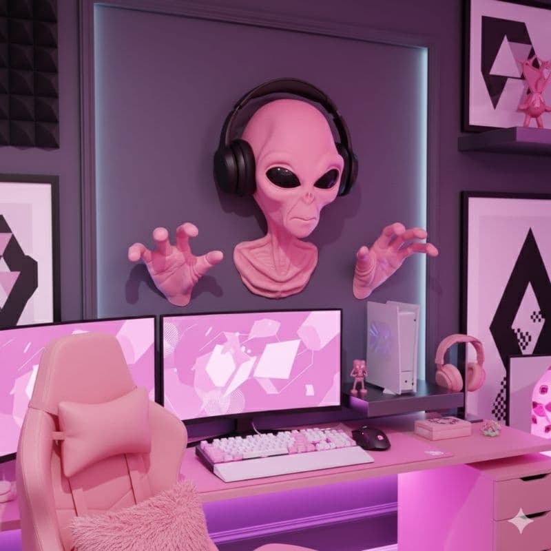 Suporte Headset ET 3D Rosa | Decoração Geek Gamer Girl| Parede/Mesa - Busto extraterrestre pink