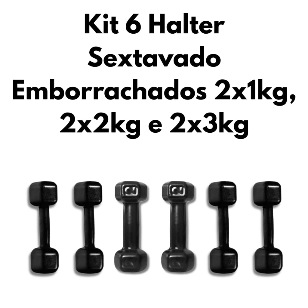 Kit 6 Halteres Sextavados Emborrachados 2x1kg, 2x2kg e 2x3kg Musculação Fitness Treino Funcional Academia Exercícios