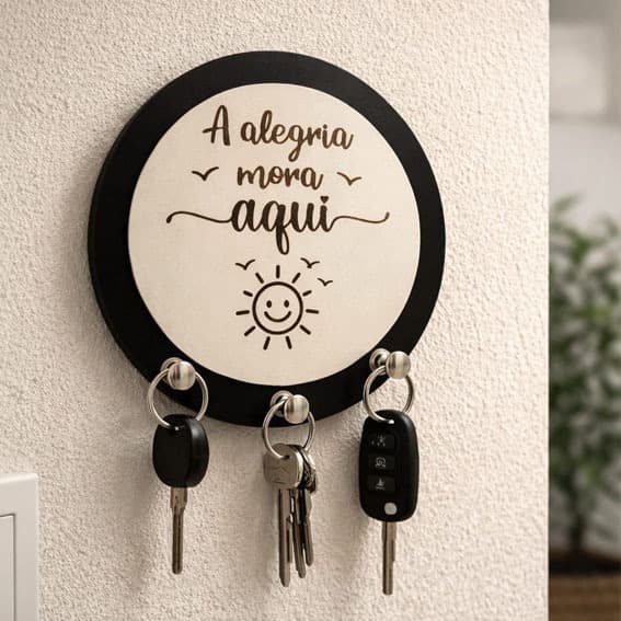 Porta Chaves de Parede MDF Decorativo Frase "A Alegria Mora Aqui" | Organizador de Chaves Casa Presente Criativo