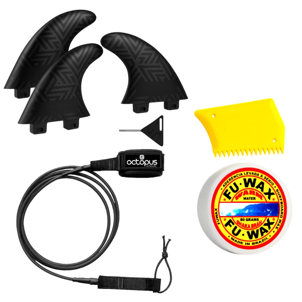 Leash Surf 6´x 6,5mm + Quilhas Surf M5 + Parafina 80 gr + Raspador