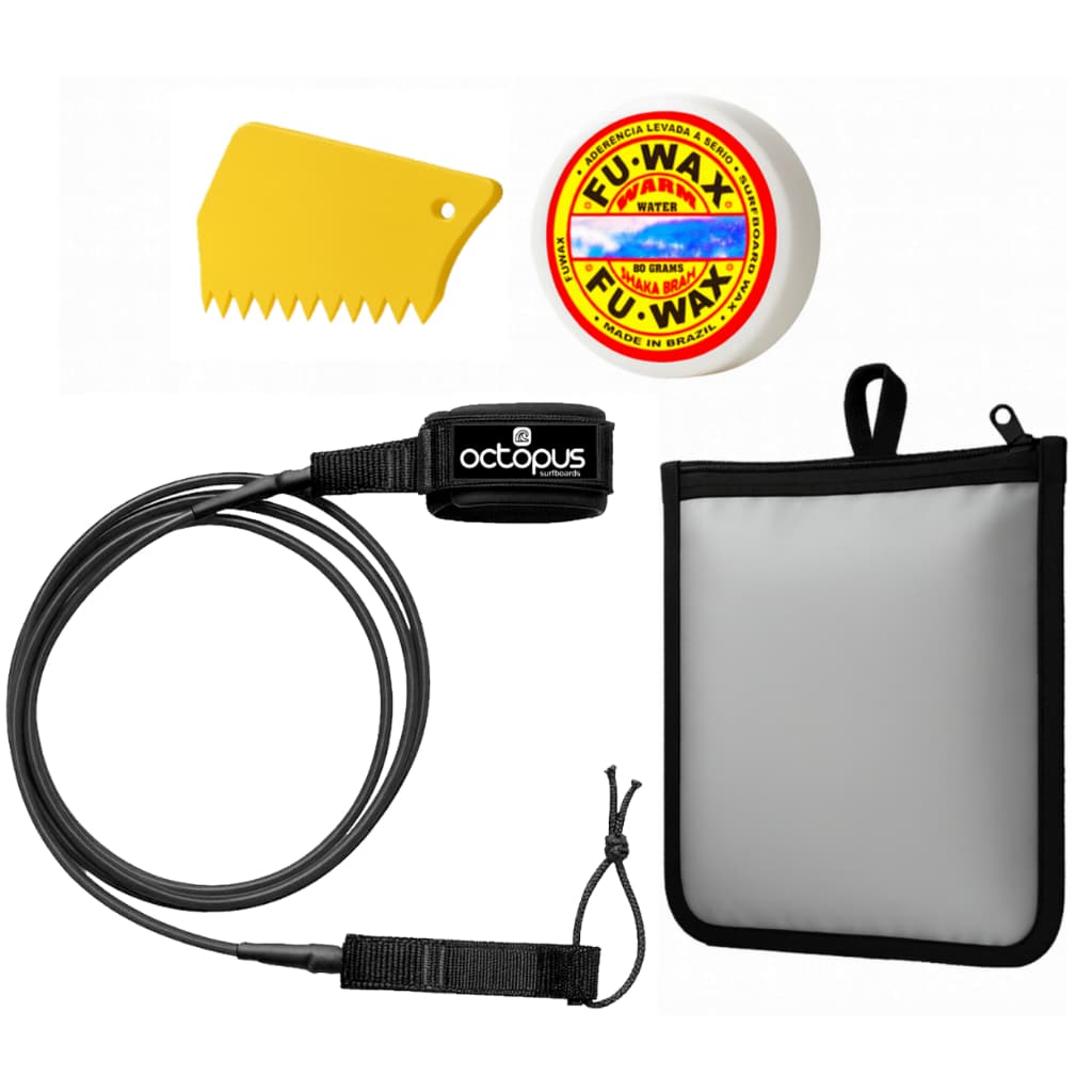 Leash Prancha de Surf Competição + Raspador + Parafina Fu Wax + Estojo BagWax