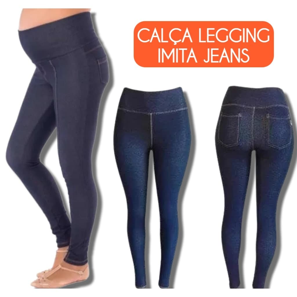 Calça Legging Imita Jeans Para Gestante Do 38 Ao 56