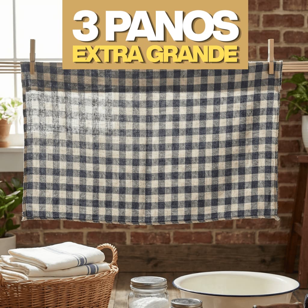 Kit 3 Panos de Chão Xadrez 70x45cm Extra Grande 100% Algodão | Overloque | Absorvente