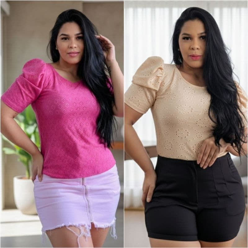 Blusa feminina Leise blusa manga princesa malha Lese tecido bordado