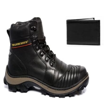 Coturno Masculino Couro Legítimo Bota Motociclista Protetor de Marcha Cadarço Com C.A + Carteira