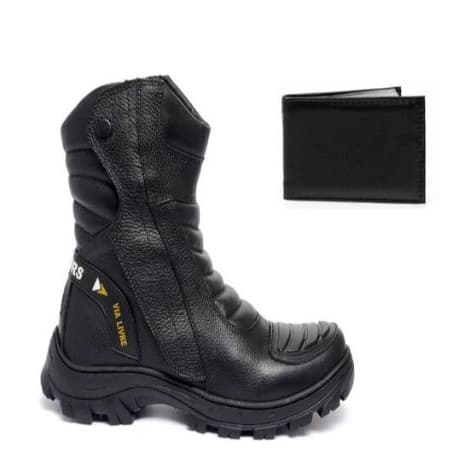 Coturno Bota Motoqueiro Motociclista Couro Legitimo Original Cano Longo Antiderrapante + Carteira