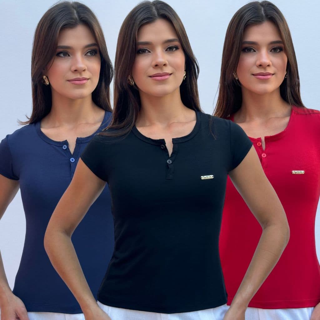 Kit 3 Baby Look Blusa Feminina em Viscolycra com Botões Frontais Manga Curta Básica e Confortável