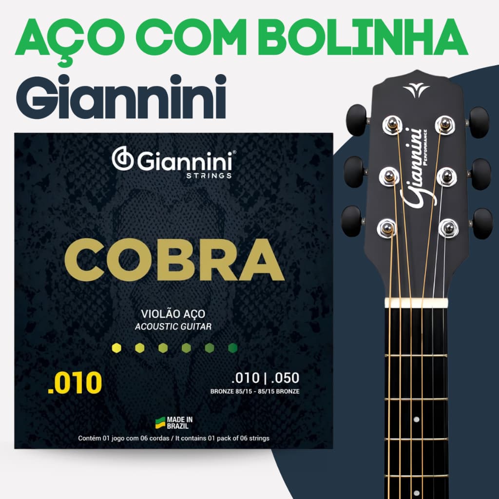 Encordoamento Giannini de Violão Aço Jogo de Cordas Giannini Corda de Violão Cobra GEEFLE