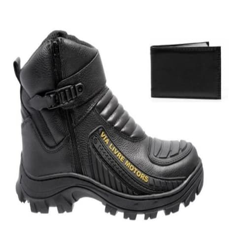 Bota Coturno Motoqueiro Motociclista Em Couro Palmilha Gel Solado Borracha Resistente + Carteira
