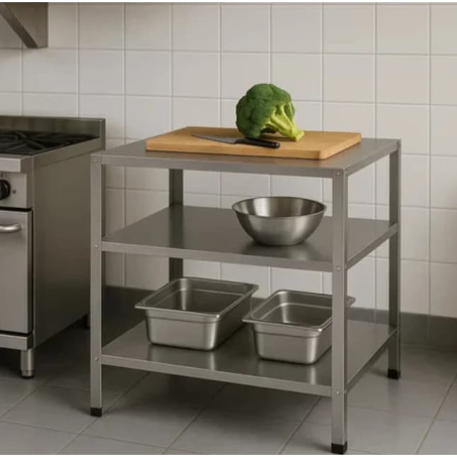 Mesa em Aço Galvanizado Escovado 90x50x81cm Industrial Profissional com 3 Prateleiras