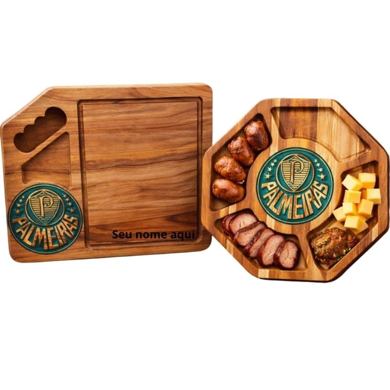 kit Churrasco com tabua de carne e petisqueira madeira teca times personalizado com o nome