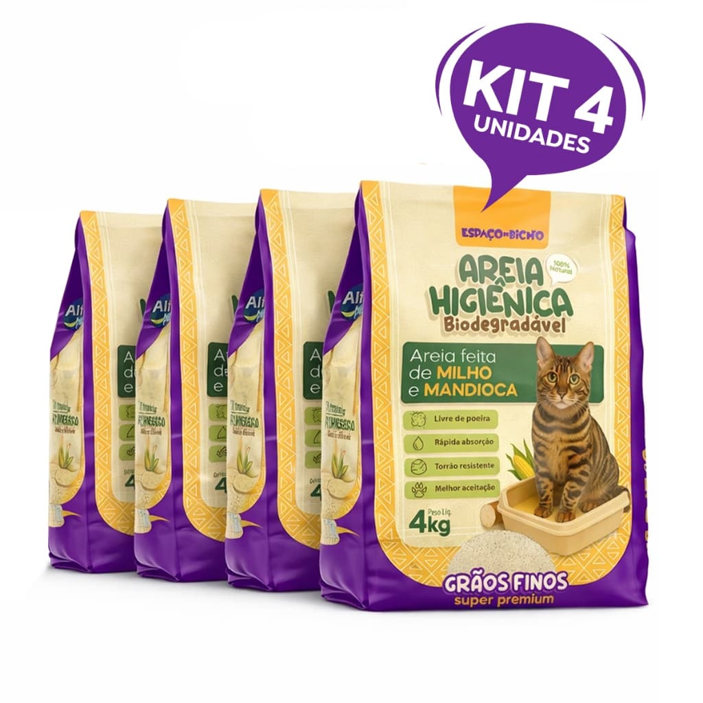 Kit 4 Areia Higiênica Biodegradável Grãos Finos Milho e Mandioca (100% Natural) - Espaço De Bicho