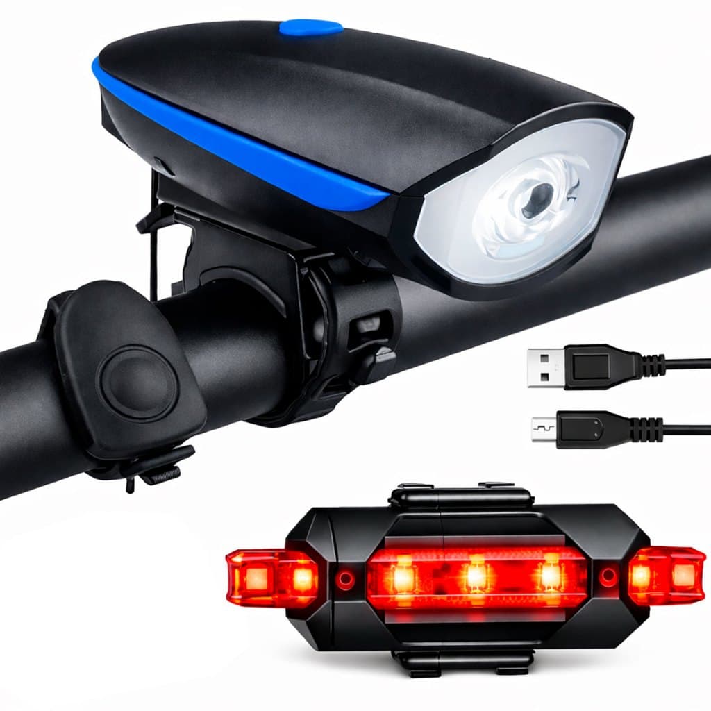 Kit Ciclismo Lanterna Farol Bicicleta Bike Com Buzina Recarregável + Sinalizador Traseiro Led Usb