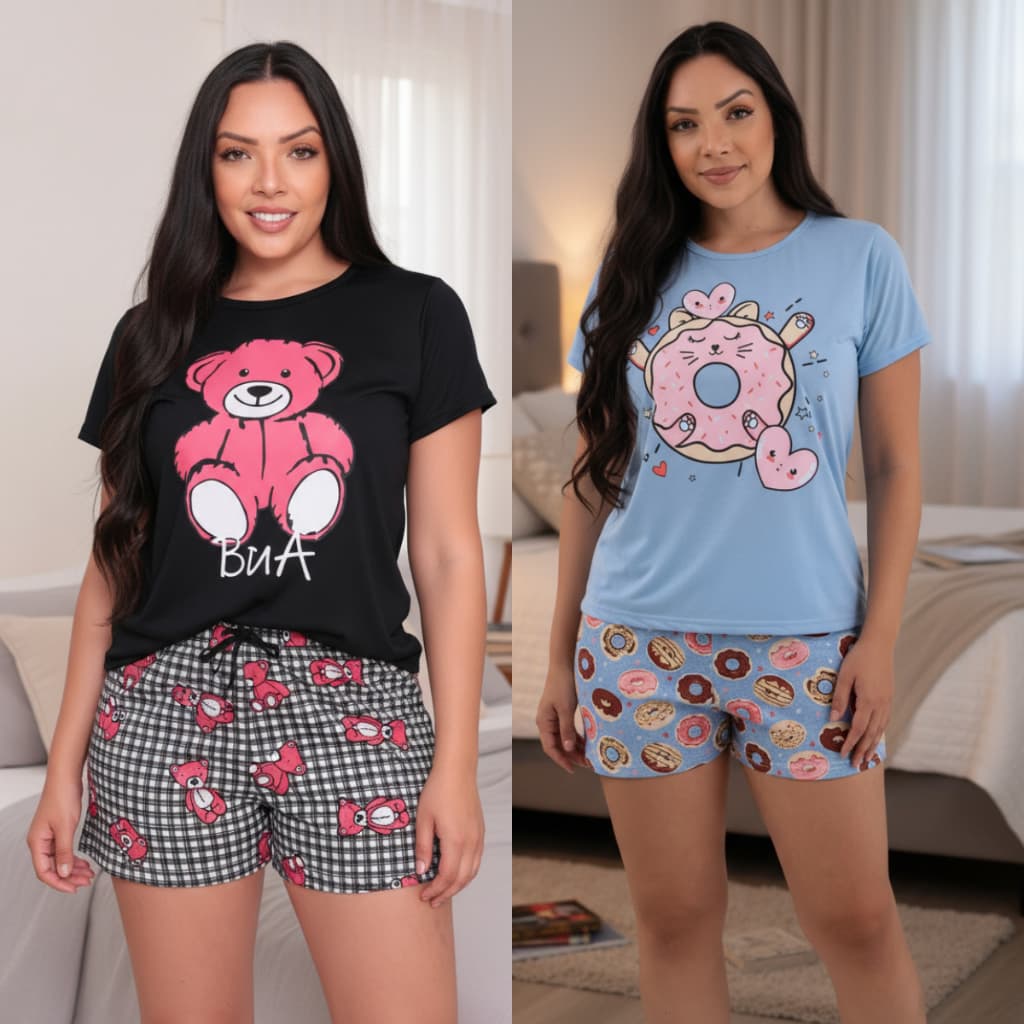 Kit 2 Pijamas  Feminino Baby Doll Short Dormir Atacado Antialergico Promoção