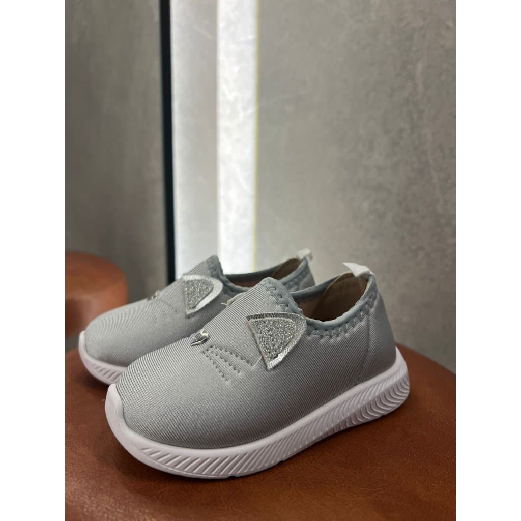 Tênis Gatinho Gliter Infantil Slip On Cinza Confortável Menina Casual Leve Dia a Dia Escola Aulas