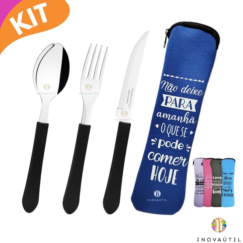 Kit Talher 4 Peças Com Estojo Neoprene Garfo Faca Colher Tramontina Porta Talher C/Ziper Para Bolsa