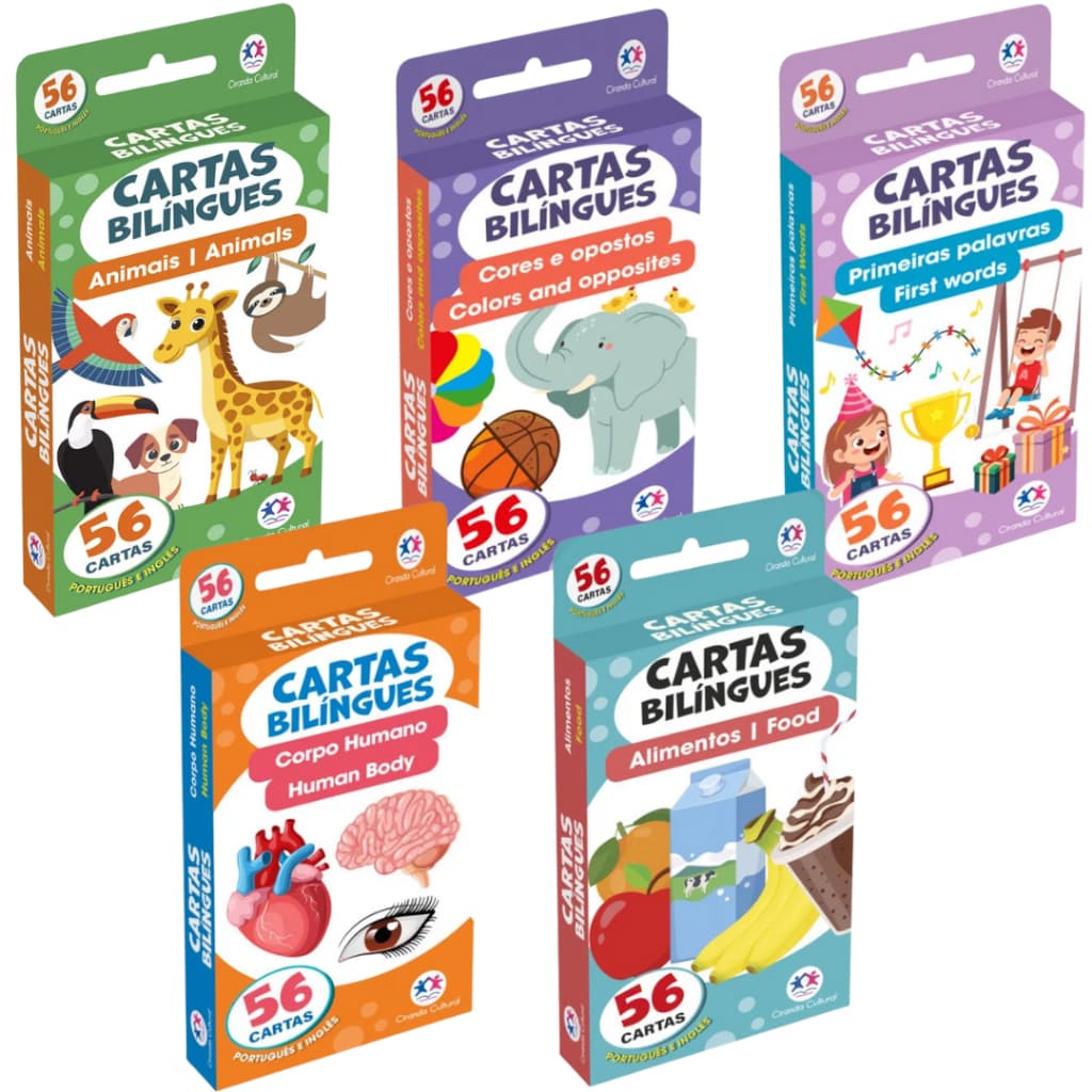 Kit com 5 modelos Flash Cards Bilíngue Ciranda 56 Un. Cada Infantil English Escola Curso Educativo