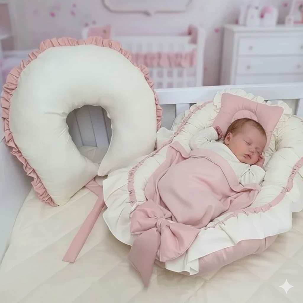 Ninho Redutor De Berço + Almofada de Amamentação com Babado Rose e Palha